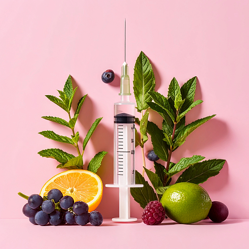 Pale Pink Syringe Surrounded by Fruit and Florals