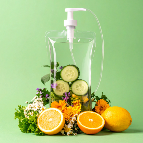 Bright Green IV Bag Surrounded by Fruit and Florals