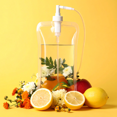 Bright Yellow IV Bag Surrounded by Fruit and Florals