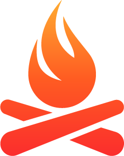 Stylized orange and red campfire with two crossed logs and a flame above.