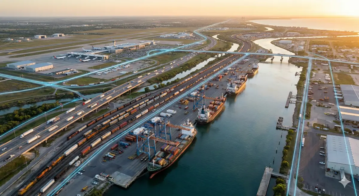 Aerial view of a busy port with cargo ships, shipping containers, adjacent highways, and an airport in the background at sunset.
