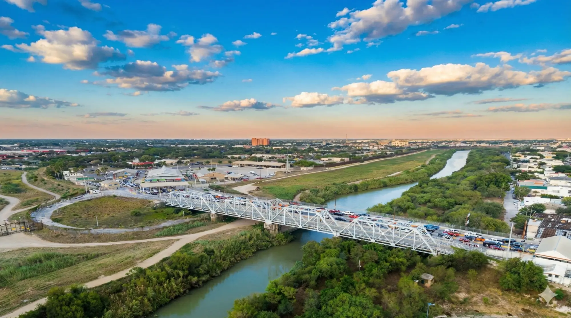 A metal truss bridge spanning a river with traffic and surrounded by greenery and urban buildings under a partly cloudy blue sky.