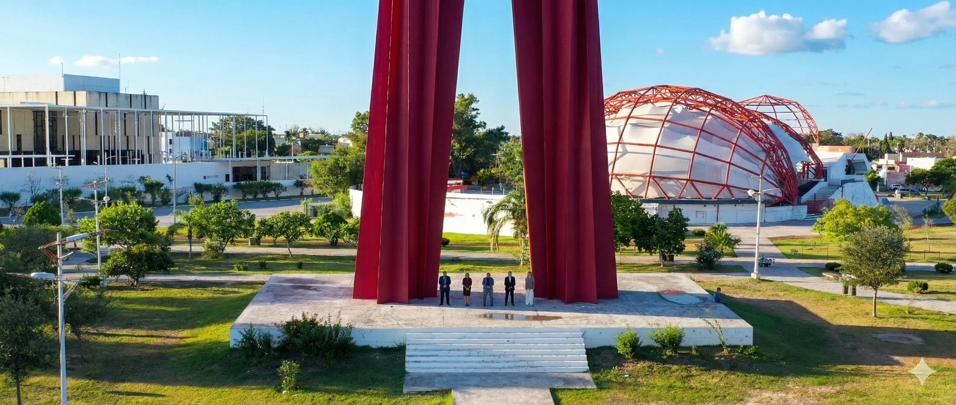 Large red vertical monument with five people standing at its base in a green park area with a modern dome-shaped structure in the background.