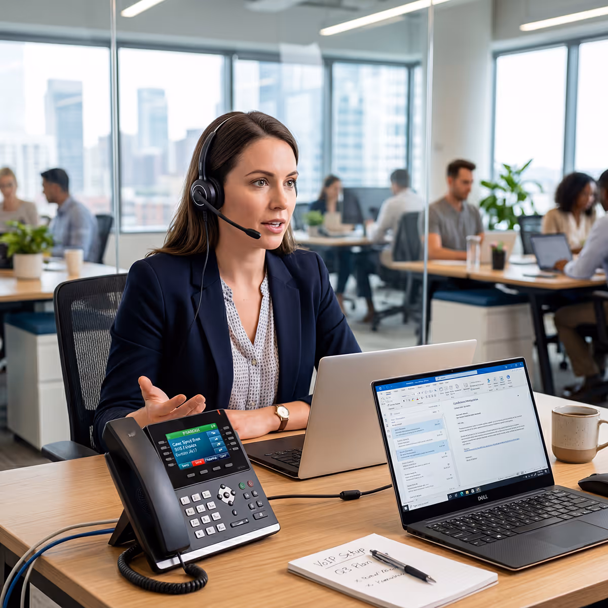 Ein modernes IP-Telefon steht auf einem Schreibtisch neben einem Laptop. Eine Person trägt ein Headset und führt ein Telefonat über das Internet. Das Display des Telefons zeigt eine aktive Verbindung an. Die Büroumgebung ist hell und modern gestaltet.
