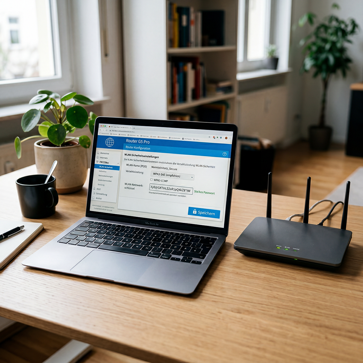 Ein WLAN-Router steht auf einem Schreibtisch neben einem Laptop. Auf dem Laptop-Bildschirm ist eine Router-Oberfläche auf Deutsch zu sehen mit Begriffen wie „WLAN-Sicherheit“, „Verschlüsselung“, „Passwort“ und „Netzwerkschlüssel“. Ein starkes Passwort ist eingetragen, und ein Schloss-Symbol verdeutlicht die gesicherte Verbindung.