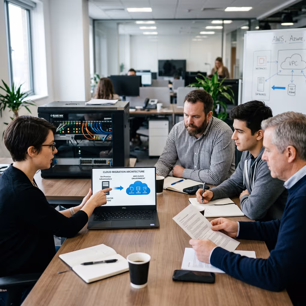 Ein IT-Team sitzt an einem Tisch mit Laptops und bespricht eine Cloud-Migration. Auf einem Bildschirm ist ein Diagramm zu sehen, das zeigt, wie Daten und Anwendungen von lokalen Servern in eine Cloud-Umgebung übertragen werden. Im Hintergrund steht ein Serverrack mit blinkenden Lichtern. Die Szene wirkt modern und technisch.