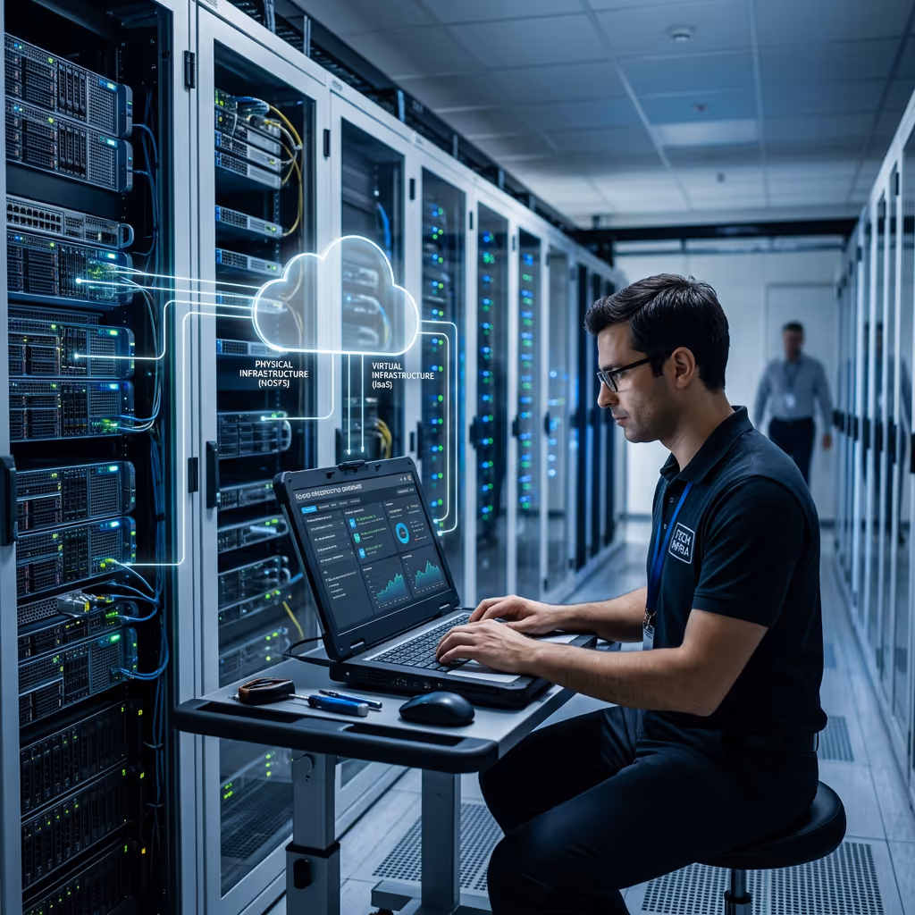 Ein modernes Rechenzentrum mit mehreren Serverracks und blinkenden LED-Anzeigen. Ein IT-Administrator arbeitet an einem Laptop, auf dem eine Cloud-Infrastruktur mit virtuellen Maschinen, Speicher und Netzwerkkomponenten dargestellt ist. Die Szene symbolisiert Infrastructure as a Service (IaaS) in einer Cloud-Umgebung.