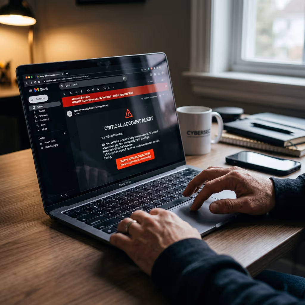 Ein Laptop zeigt ein E-Mail-Postfach mit einer verdächtigen Nachricht, die nach Zugangsdaten oder einer dringenden Bestätigung verlangt. Ein Warnsymbol weist auf einen möglichen Phishing-Versuch hin. Eine Hand befindet sich über dem Touchpad, während der Bildschirm im Fokus steht.