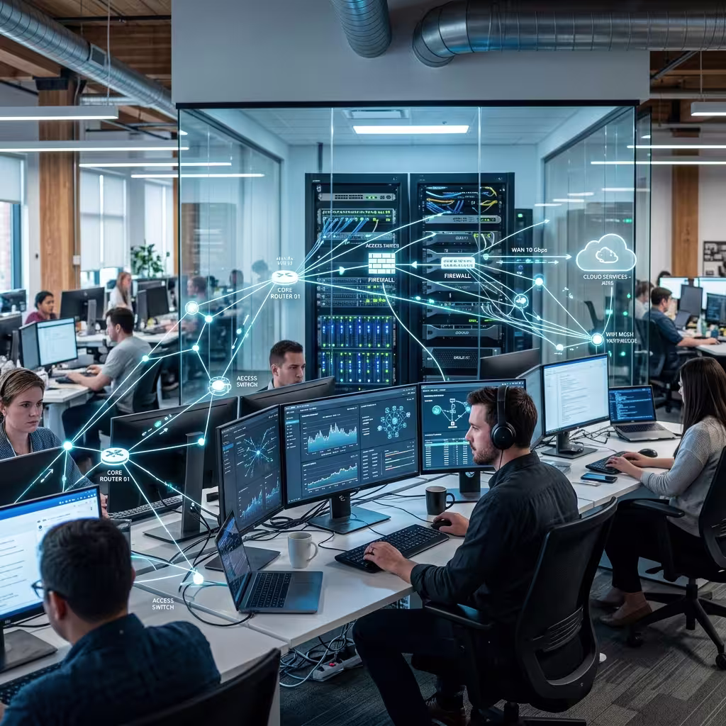Eine fotorealistische Darstellung eines Firmennetzwerks in einer modernen Büroumgebung. Mitarbeiter arbeiten an Computern, während transparente digitale Overlays das Netzwerk visualisieren – mit Servern, Routern, Switches und Cloud-Systemen, die durch leuchtende Datenlinien verbunden sind. Ein Serverraum mit blinkenden LEDs ist im Hintergrund sichtbar, während ein Administrator Netzwerkdaten auf mehreren Bildschirmen überwacht. Die Szene ist in kühlen Blau- und Weißtönen gehalten und zeigt realistische Details moderner IT-Infrastruktur.