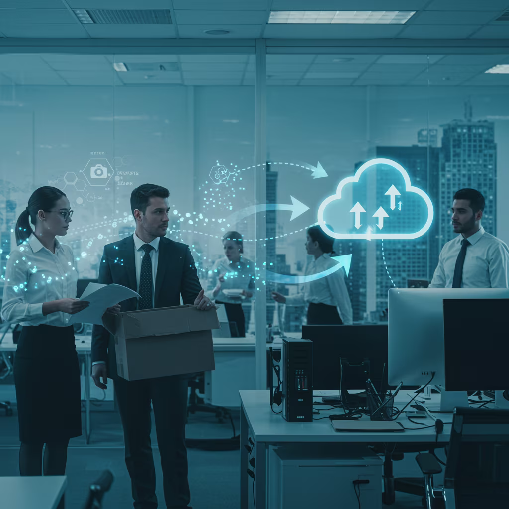 Eine fotorealistische Szene, die das Auslagern von IT-Leistungen aus einem Unternehmen heraus zeigt: Ein internes IT-Team übergibt Geräte, Dokumente und Aufgaben an externe Dienstleister. Mitarbeitende packen Technik zusammen und überreichen Laptops und Unterlagen an externes Personal. Visuell werden Datenströme und Prozesse durch holografische Elemente dargestellt, die aus dem Unternehmen heraus in eine externe Cloud-Infrastruktur fließen. Durch große Fenster ist ein weiteres Gebäude zu sehen, das den externen Anbieter symbolisiert. Die Atmosphäre ist professionell und zeigt einen Übergangsprozess mit modernen Büroumgebungen und realistischen Details.
