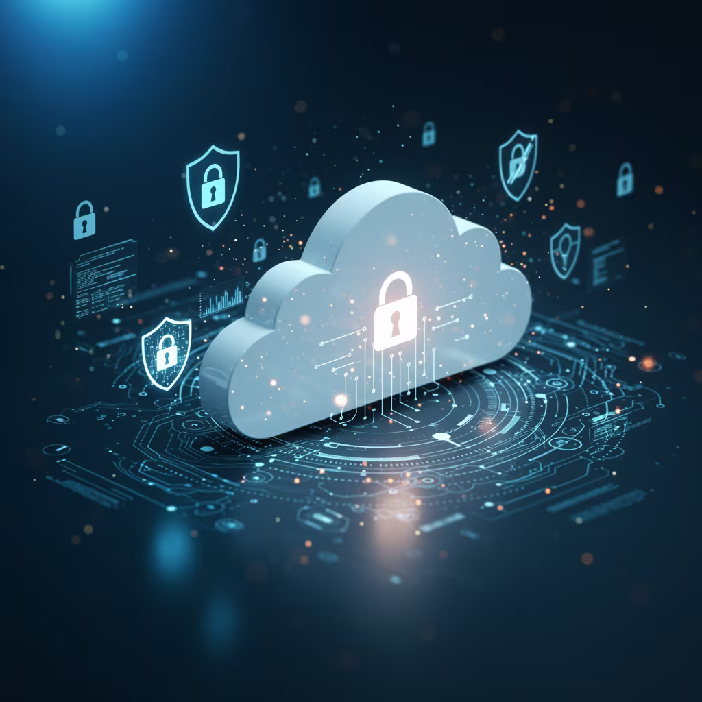 Eine fotorealistische Darstellung von Cloud-Sicherheit in einer modernen digitalen Umgebung. Über einem futuristischen Büro und Rechenzentrum schwebt eine transparente Cloud aus leuchtenden Datenströmen. Darum herum sind Sicherheitsmechanismen wie Schilde, Vorhängeschlösser, biometrische Authentifizierung, Firewalls und holografische Überwachungsanzeigen sichtbar. Im Vordergrund analysiert ein IT-Sicherheitsexperte Warnmeldungen auf mehreren Bildschirmen. Kühle Blau- und Cyan-Töne prägen die Szene, während sichere Verbindungen zu Laptops, Smartphones und Bürocomputern dargestellt werden.