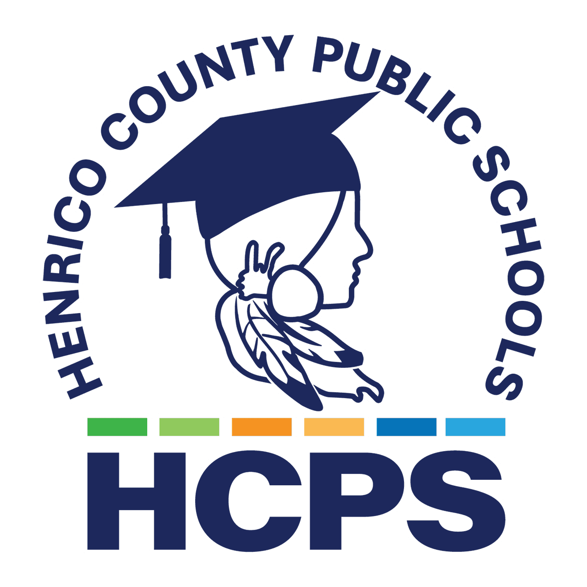 Henrico County Public Schools logo with a stylized profile of a Native American wearing a graduation cap and feathers, above the acronym HCPS with colored rectangles above it.