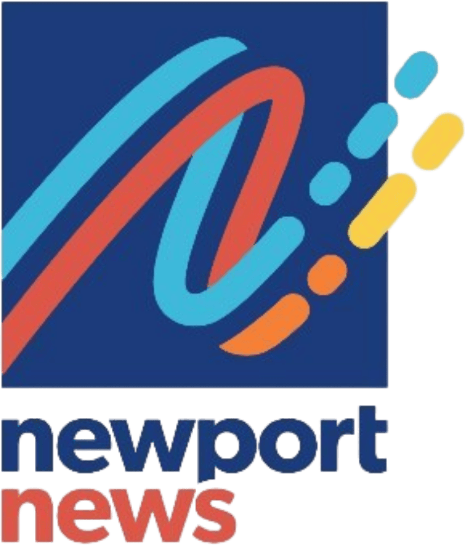 Newport News logo with stylized blue and red lines forming an abstract 'N' and small dots in blue, yellow, and orange colors above the text 'newport news'.