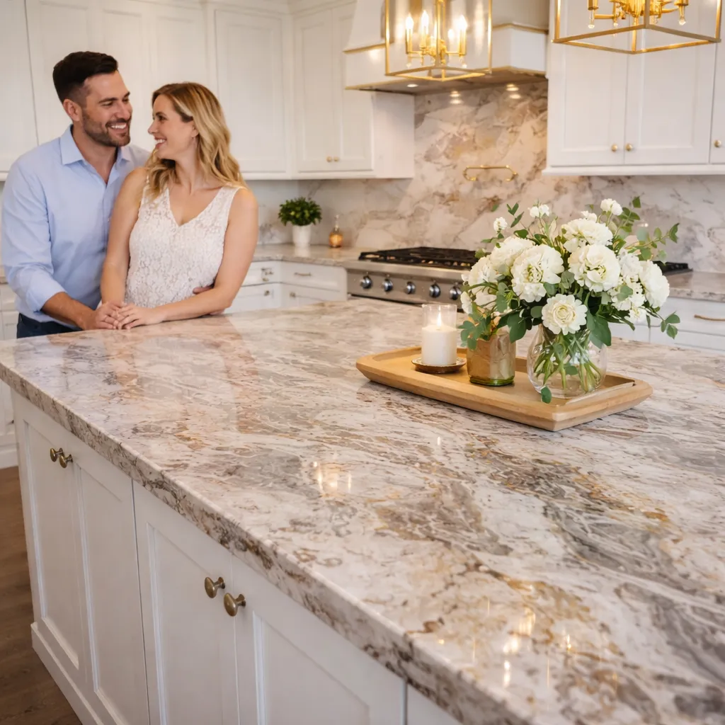 Smiling couple embracing in a modern kitchen with white cabinets, a marble island countertop, and a tray holding white flowers and a lit candle.