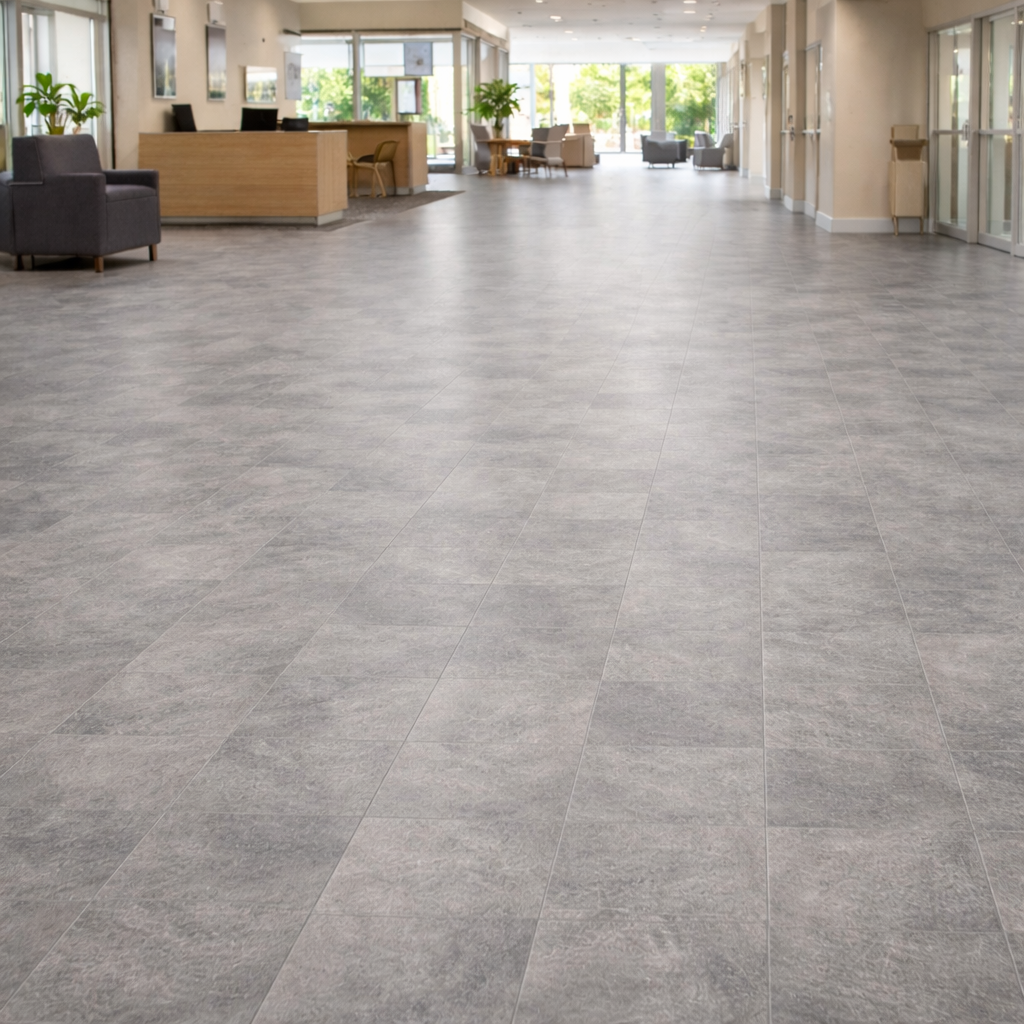 Spacious commercial lobby with gray tiled floor, wooden reception desk, and seating areas near large windows.
