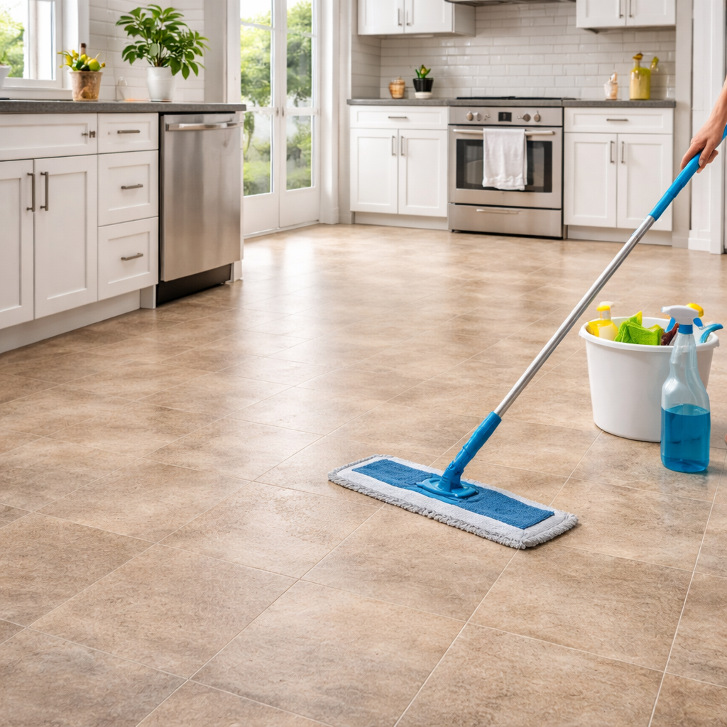 Person mopping a clean tiled floor in a bright kitchen with white cabinets and stainless steel appliances.