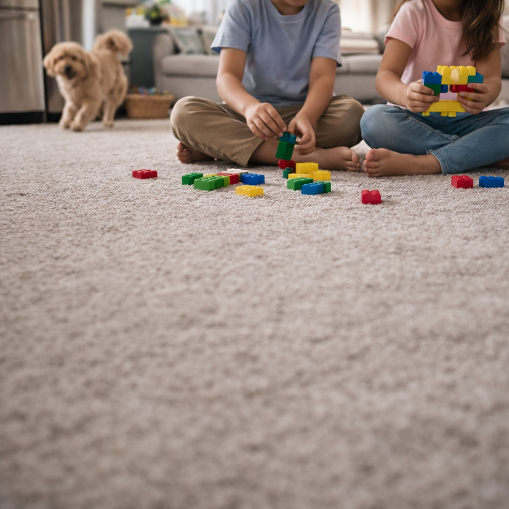 Two children sitting barefoot on a beige carpet playing with colorful building blocks, with a small dog in the background.