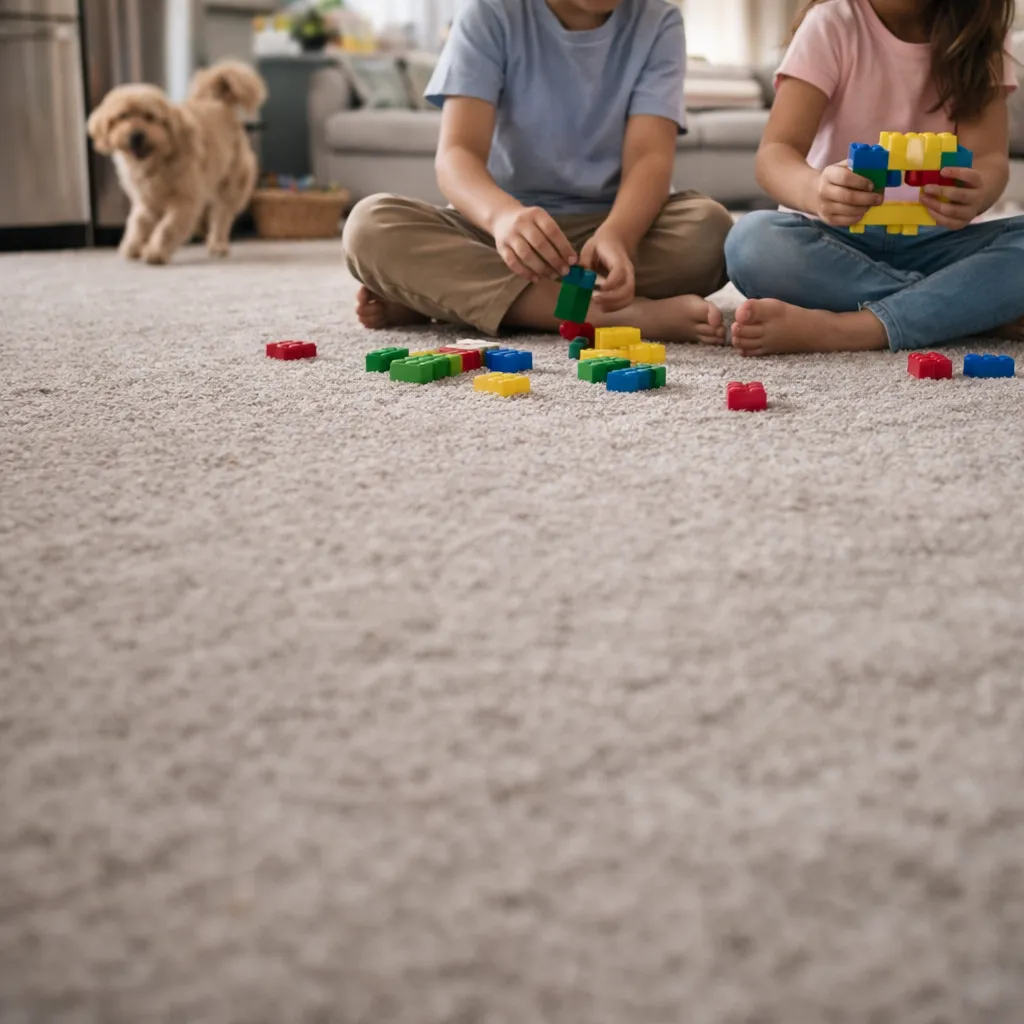 Two children sitting barefoot on a beige carpet playing with colorful building blocks, with a small dog in the background.