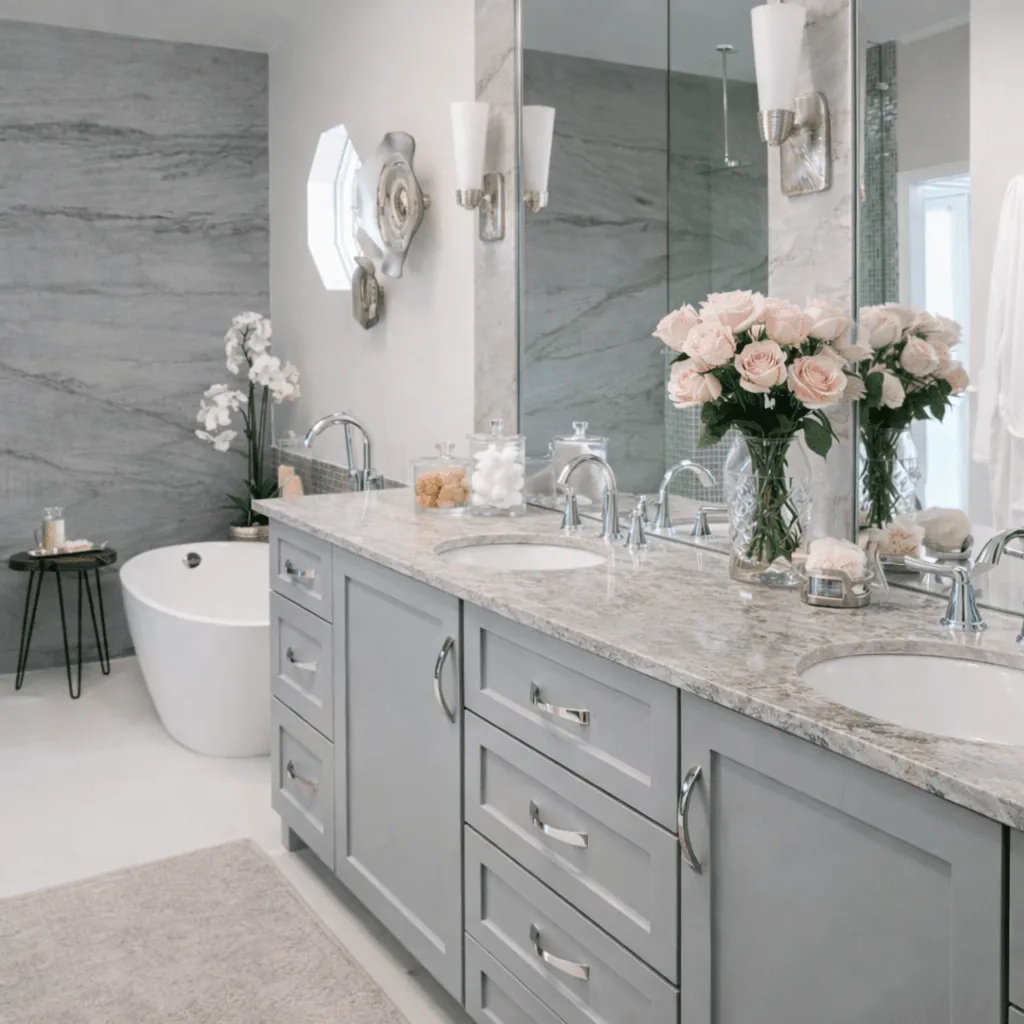 Modern bathroom with gray cabinets, marble countertop, double sinks, a vase of pink roses, and a freestanding white bathtub.