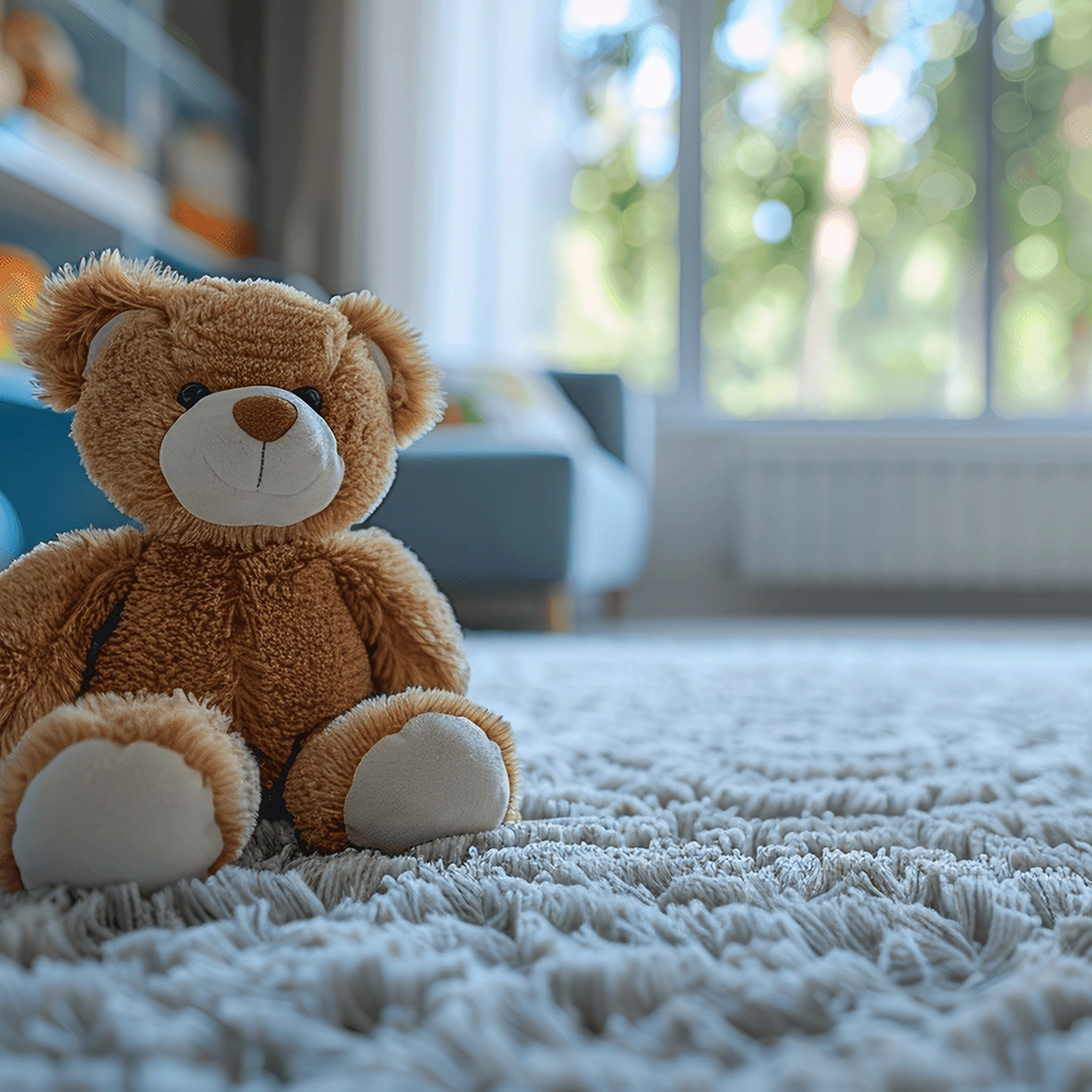 Brown teddy bear sitting on a fluffy rug in a bright living room with a blue sofa and large window in the background.