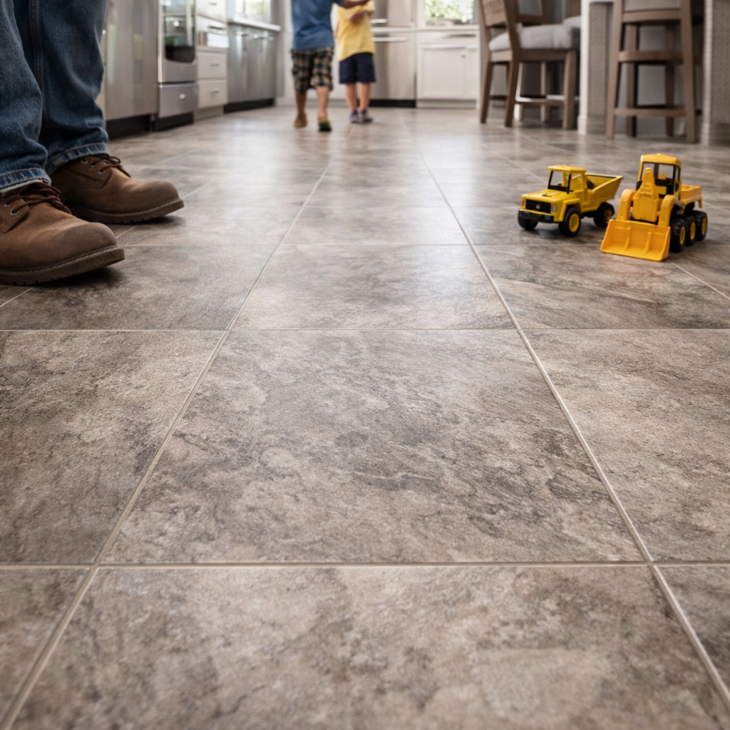 Close-up of textured grey floor tiles in a kitchen with two children and an adult wearing boots, and toy construction trucks on the floor.