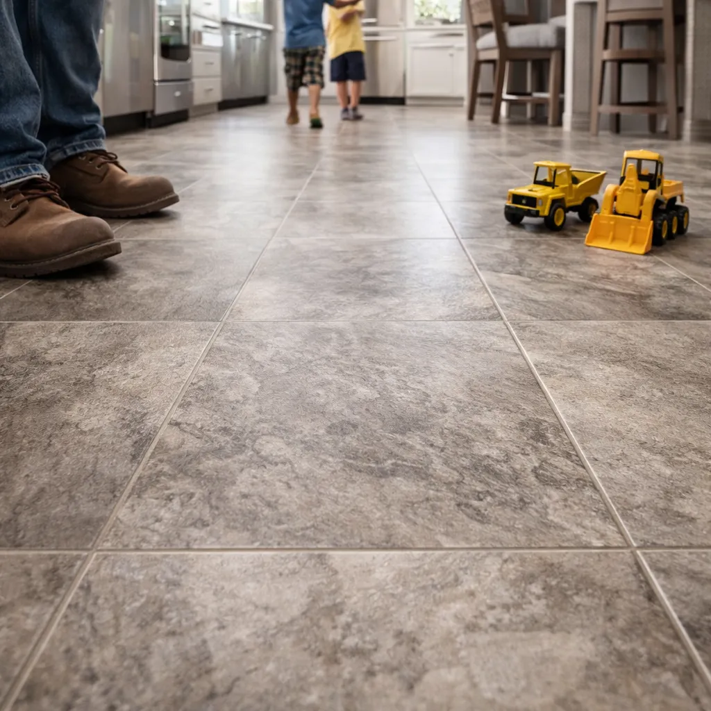 Close-up of textured grey floor tiles in a kitchen with two children and an adult wearing boots, and toy construction trucks on the floor.