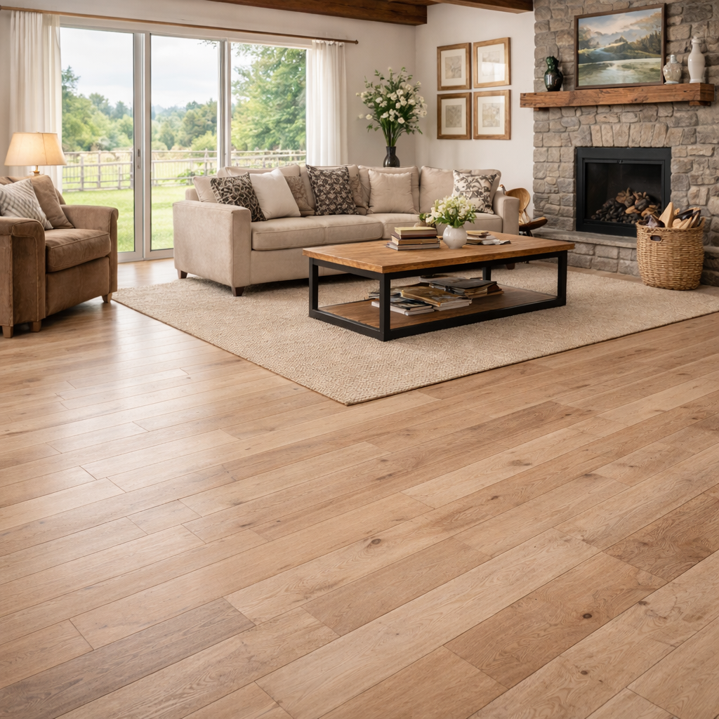 Cozy living room with beige sofa, armchair, wooden coffee table, stone fireplace, and sliding glass doors overlooking a green yard.