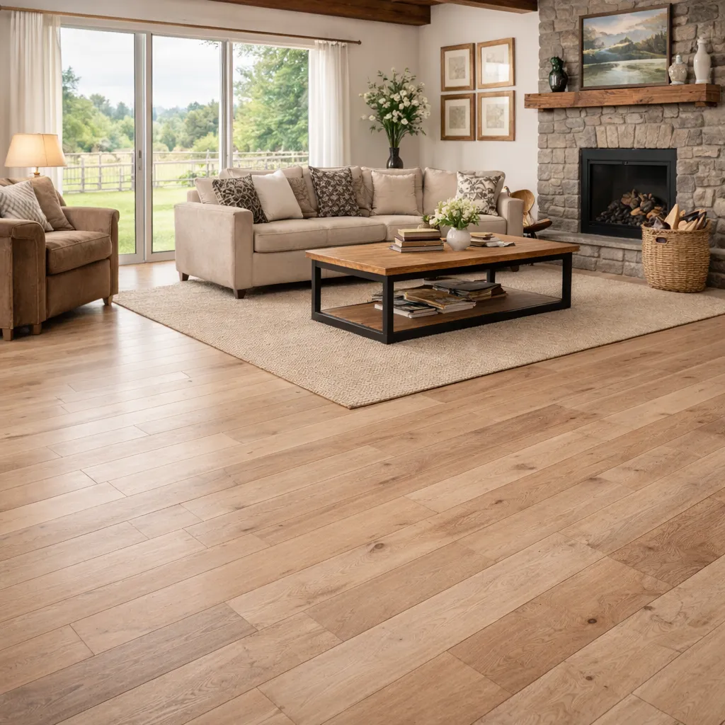 Cozy living room with beige sofa, armchair, wooden coffee table, stone fireplace, and sliding glass doors overlooking a green yard.