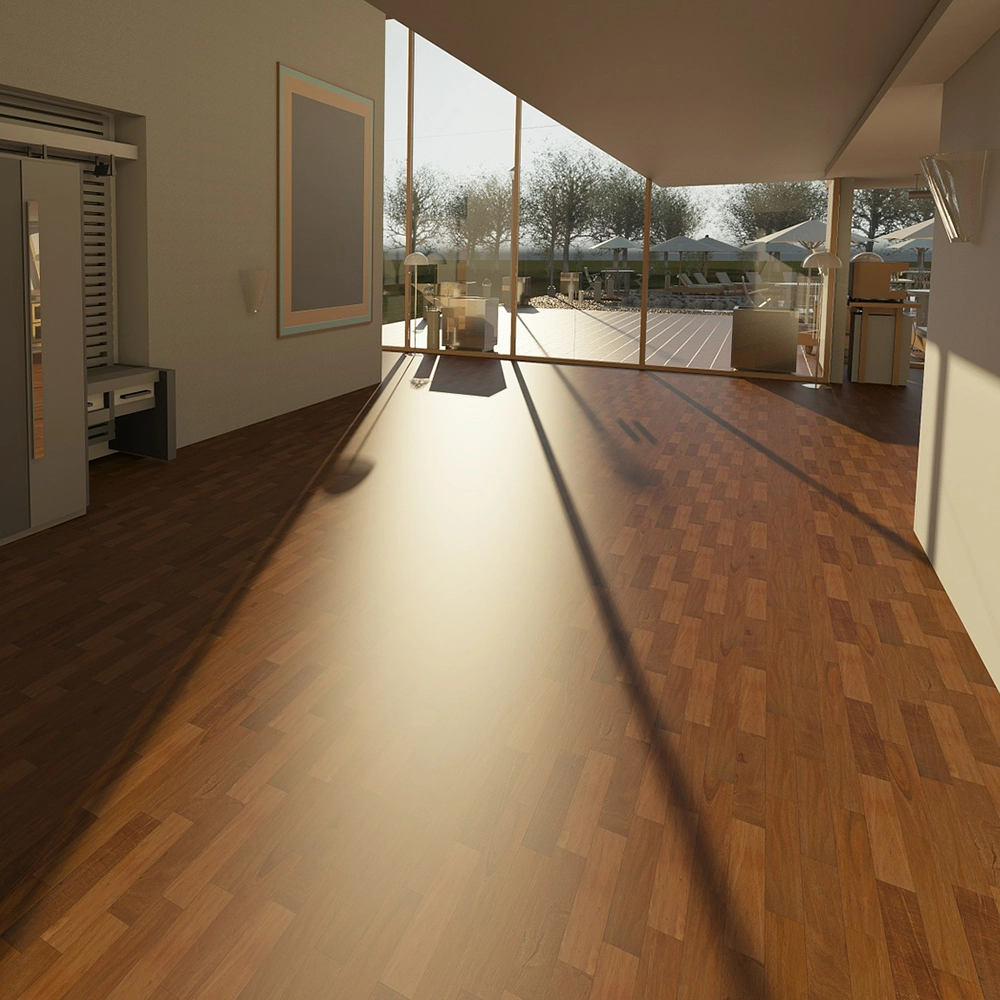 Sunlit room with polished hardwood floors and large glass sliding doors opening to an outdoor patio with umbrellas and lounge chairs.