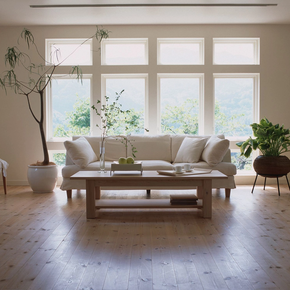 Bright living room with large windows, a white sofa, wooden coffee table, and potted plants.