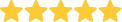 Five gold stars in a horizontal row on a transparent background.