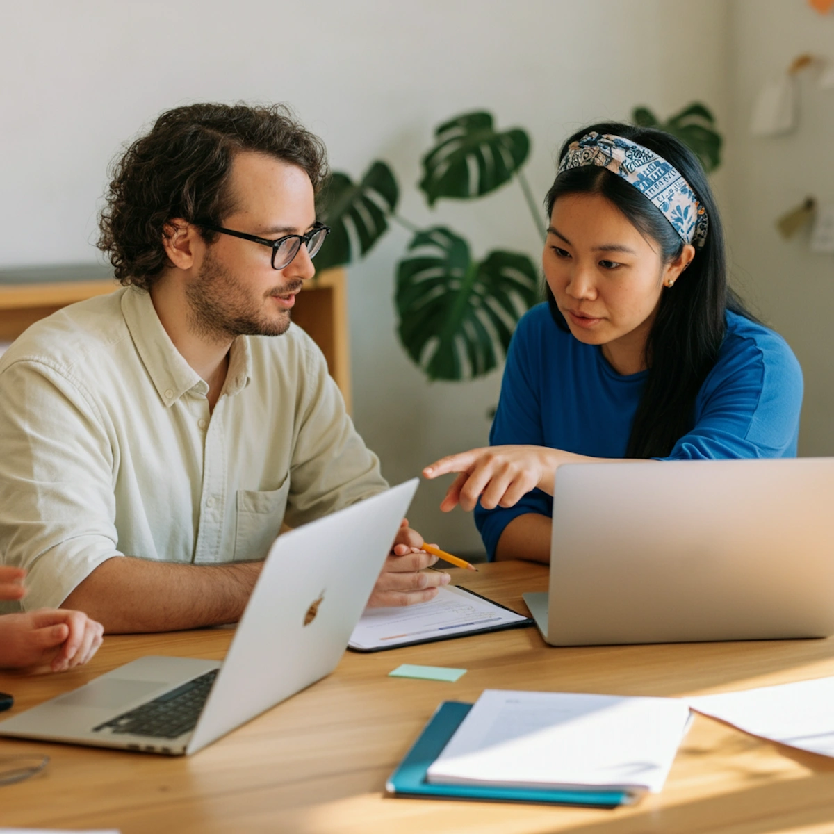 Two coworkers pointing at a laptop screen and discussing notes at a wooden desk.
