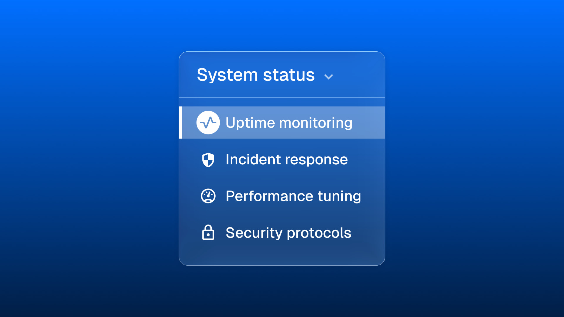 UI mockup of a system status dashboard showing uptime monitoring, incident response, performance tuning, and security protocols.