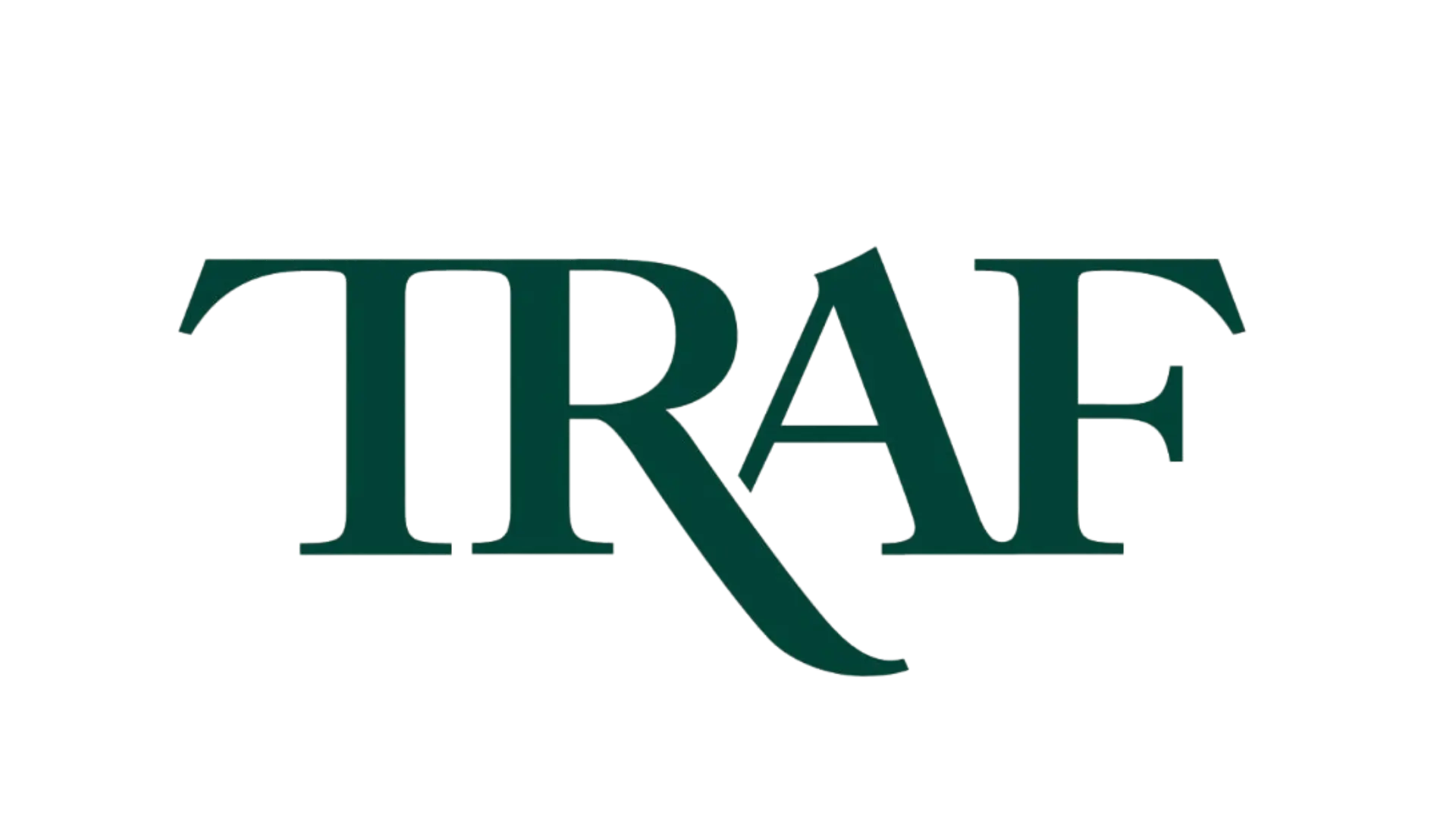 The word 'TRAF' in dark green serif font with a stylized elongated leg on the letter R.