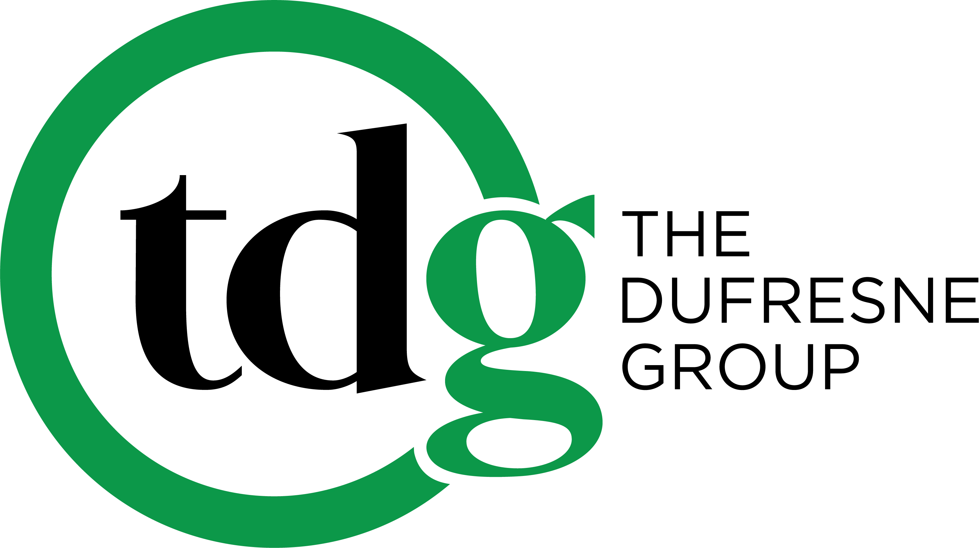 Logo of The Dufresne Group with letters tdg inside a green circular outline.