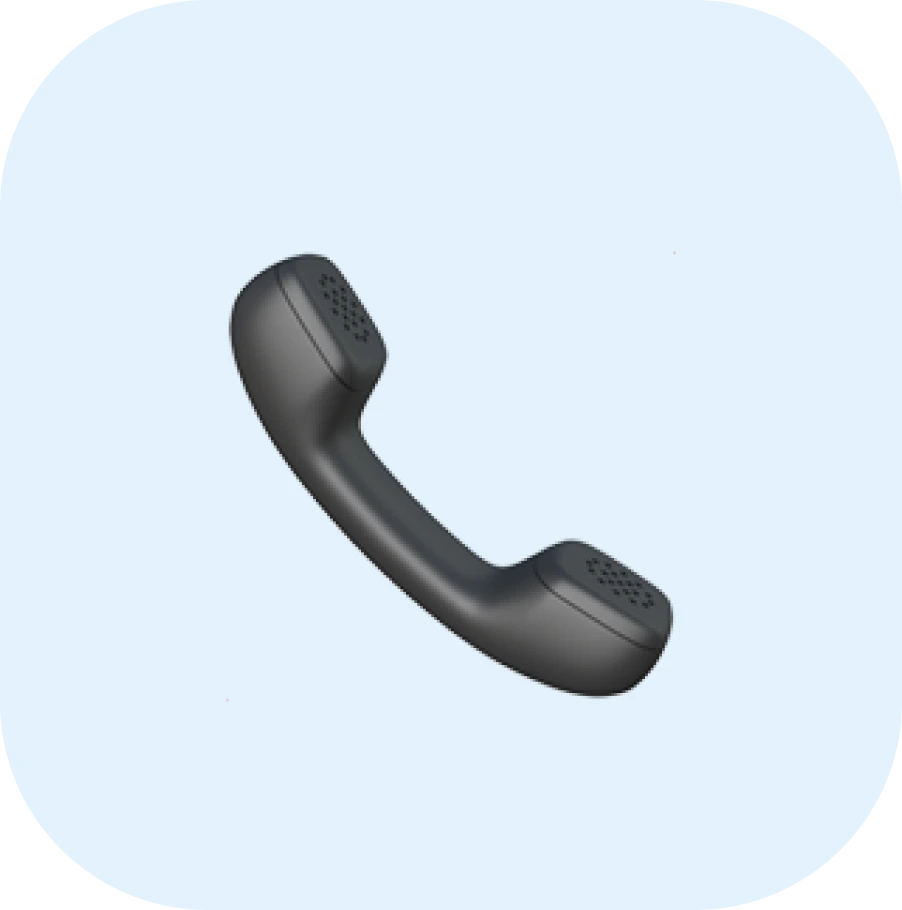 Black classic telephone handset icon on light blue rounded square background.