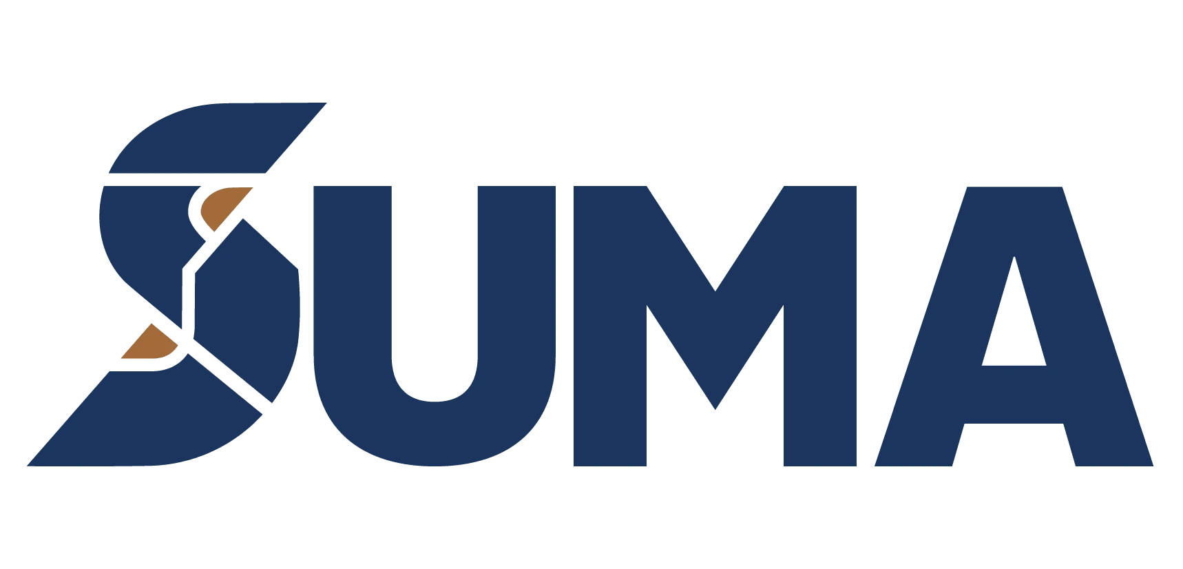 Suma brand logo with stylized S and uppercase letters S U M A in dark blue and brown.