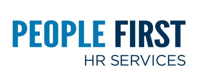 Logo with the text People First HR Services in blue on a black background.