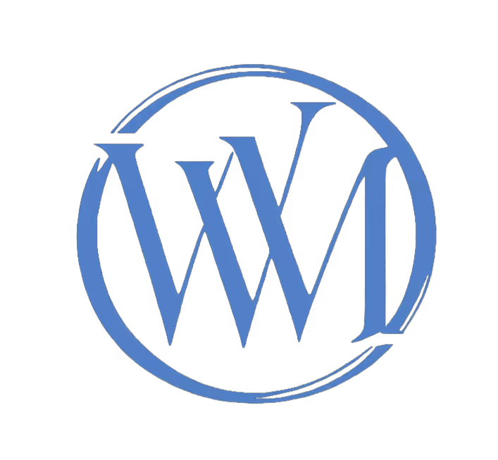 Blaues Monogramm bestehend aus den Buchstaben W und D in einem Kreis auf schwarzem Hintergrund.