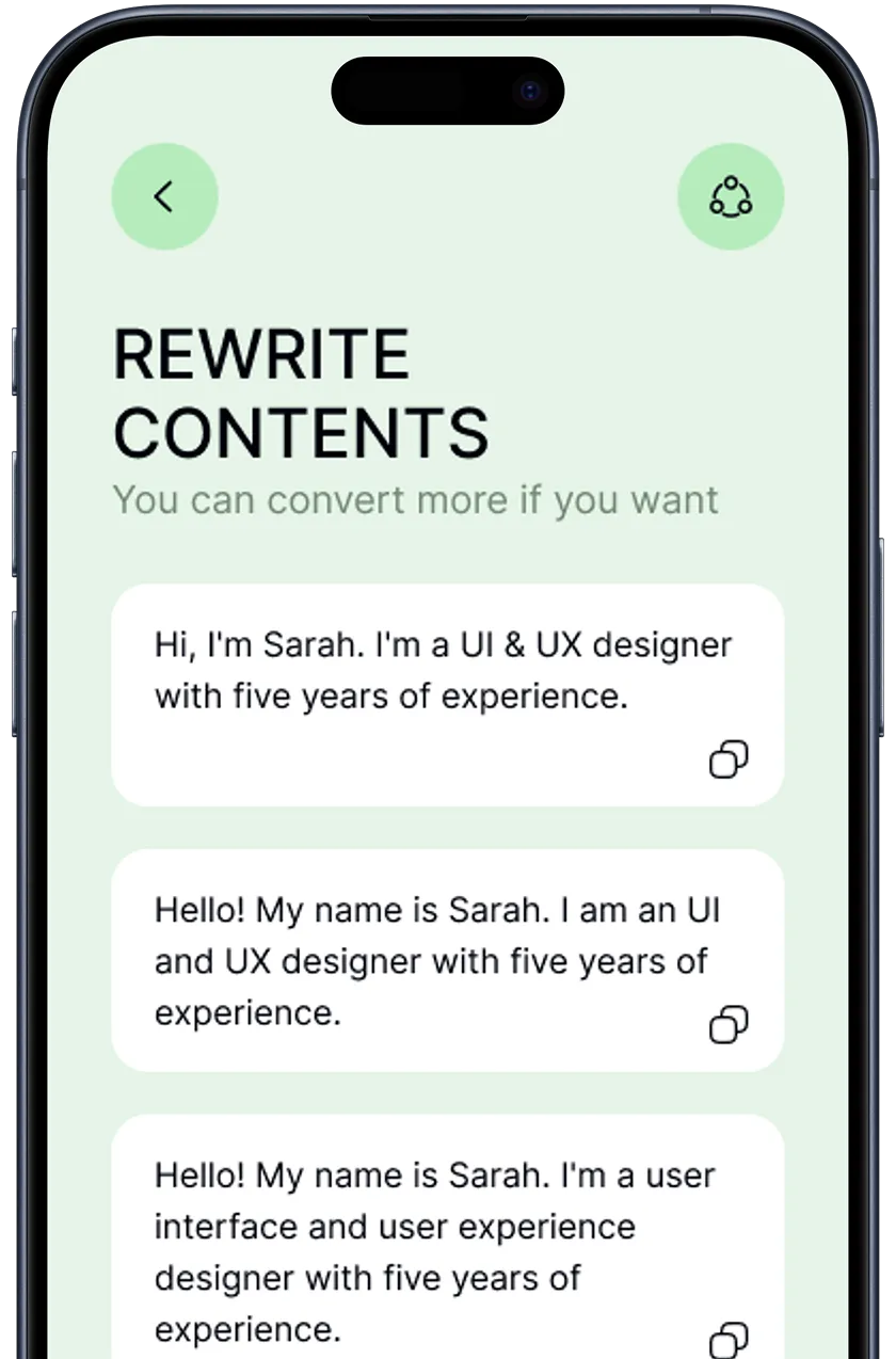 Mobile screen showing a text rewriting app with original text and two rewritten versions by a user named Sarah, a UI & UX designer with five years of experience.