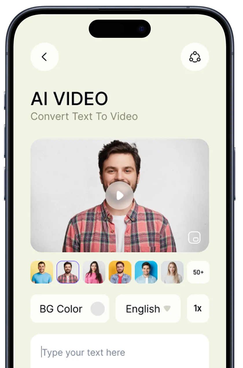 Smartphone screen displaying an AI video app interface with a man in a plaid shirt for video conversion from text, options for background color, language selection, and text input field.