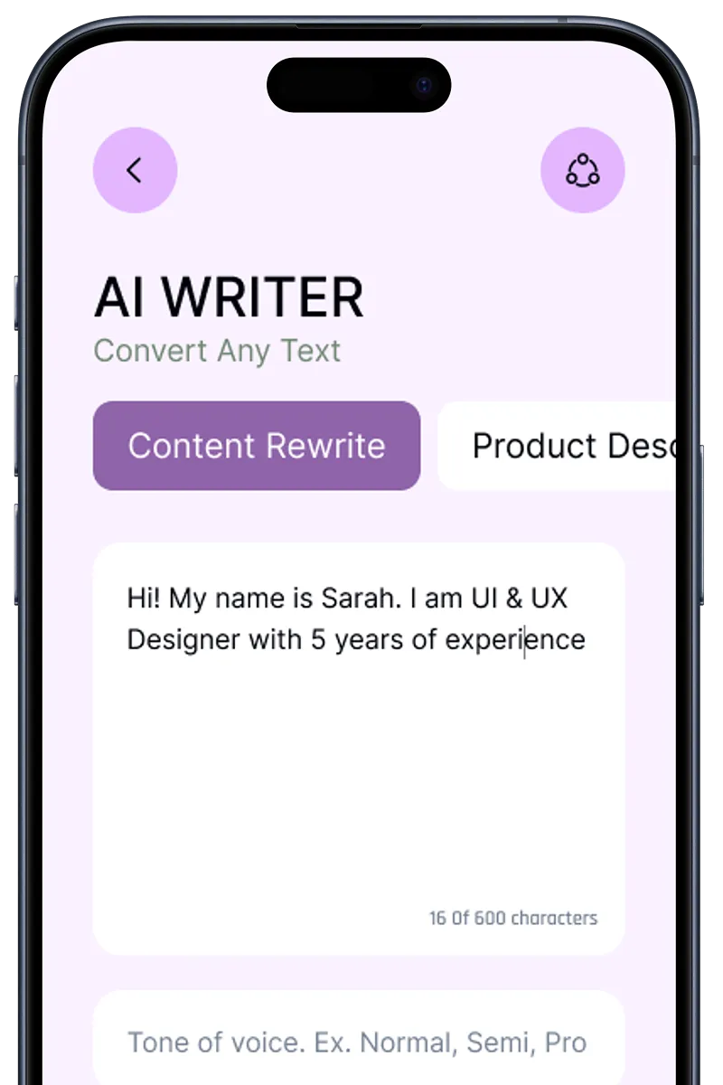 Mobile screen displaying an AI Writer app with 'Content Rewrite' option and input text introducing Sarah, a UI & UX Designer with 5 years of experience.