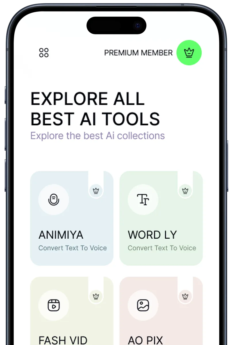 Smartphone screen displaying an app interface titled 'Explore All Best AI Tools' with AI tool options including Animiya, Word Ly, Fash Vid, and AO Pix.