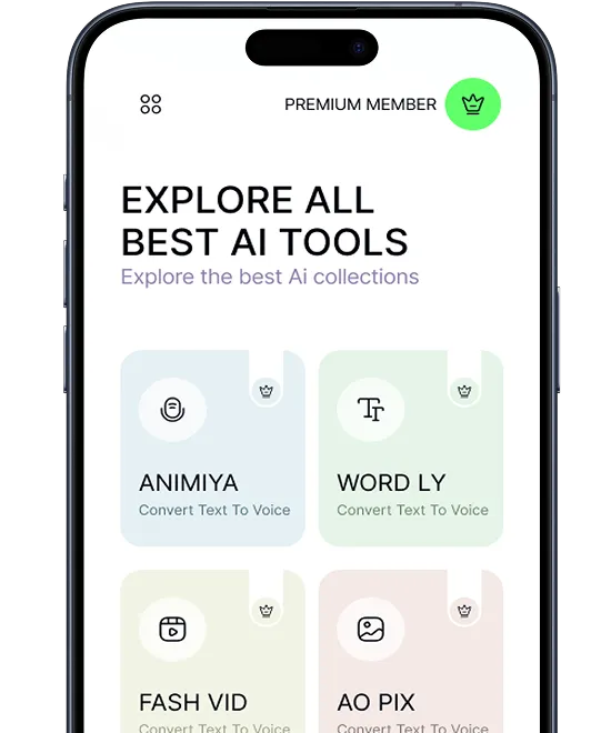 Mobile screen showing a premium member AI tools app with options to explore text-to-voice tools including Animiya, Word Ly, Fash Vid, and AO Pix.