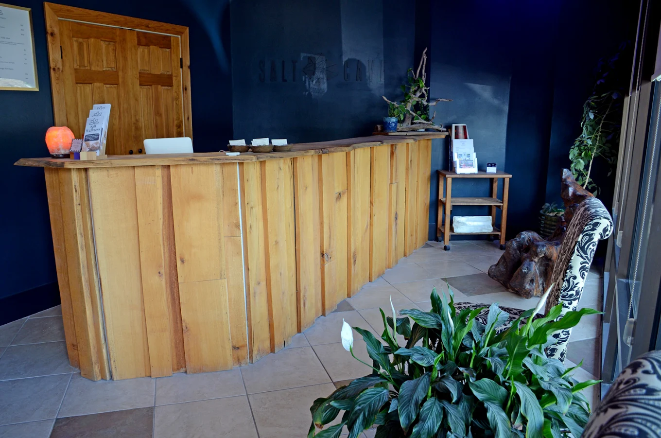 Sal Wellness reception area with a curved wooden desk, dark blue walls, potted plants, and patterned chairs.