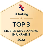 IT Rating badge showing Top 3 Mobile Developers in Ukraine for 2022 with a small star and logo above text.