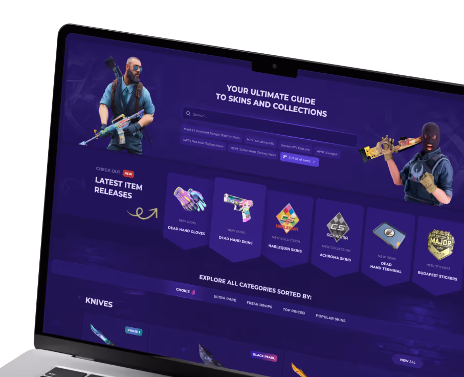 Skin.Club CS2 skins guide webpage displaying various weapon skins and knife designs including Doppler, Ultraviolet, Marble Fade, Freehand, and Damascus Steel.