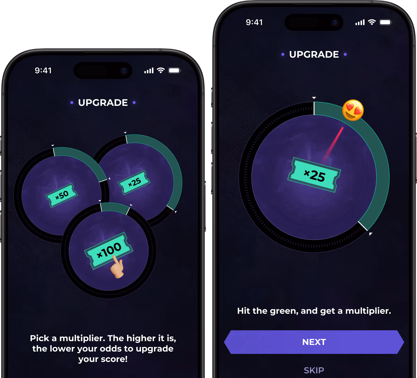 Two smartphones displaying a game upgrade screen with circular multipliers of 25, 50, and 100, instructions at the bottom guide picking a higher multiplier with lower odds or hitting green to get a multiplier.