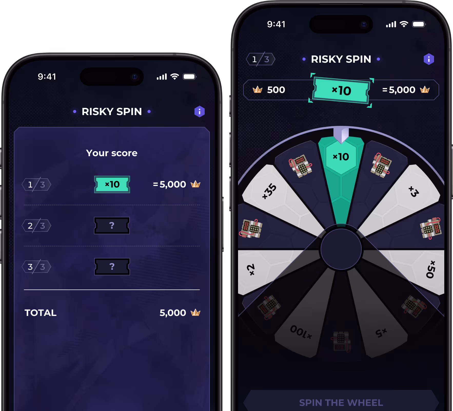 Two mobile screens showing a risky spin game with a wheel featuring multipliers and bomb icons, displaying a score of 5,000 points with a 10x multiplier.