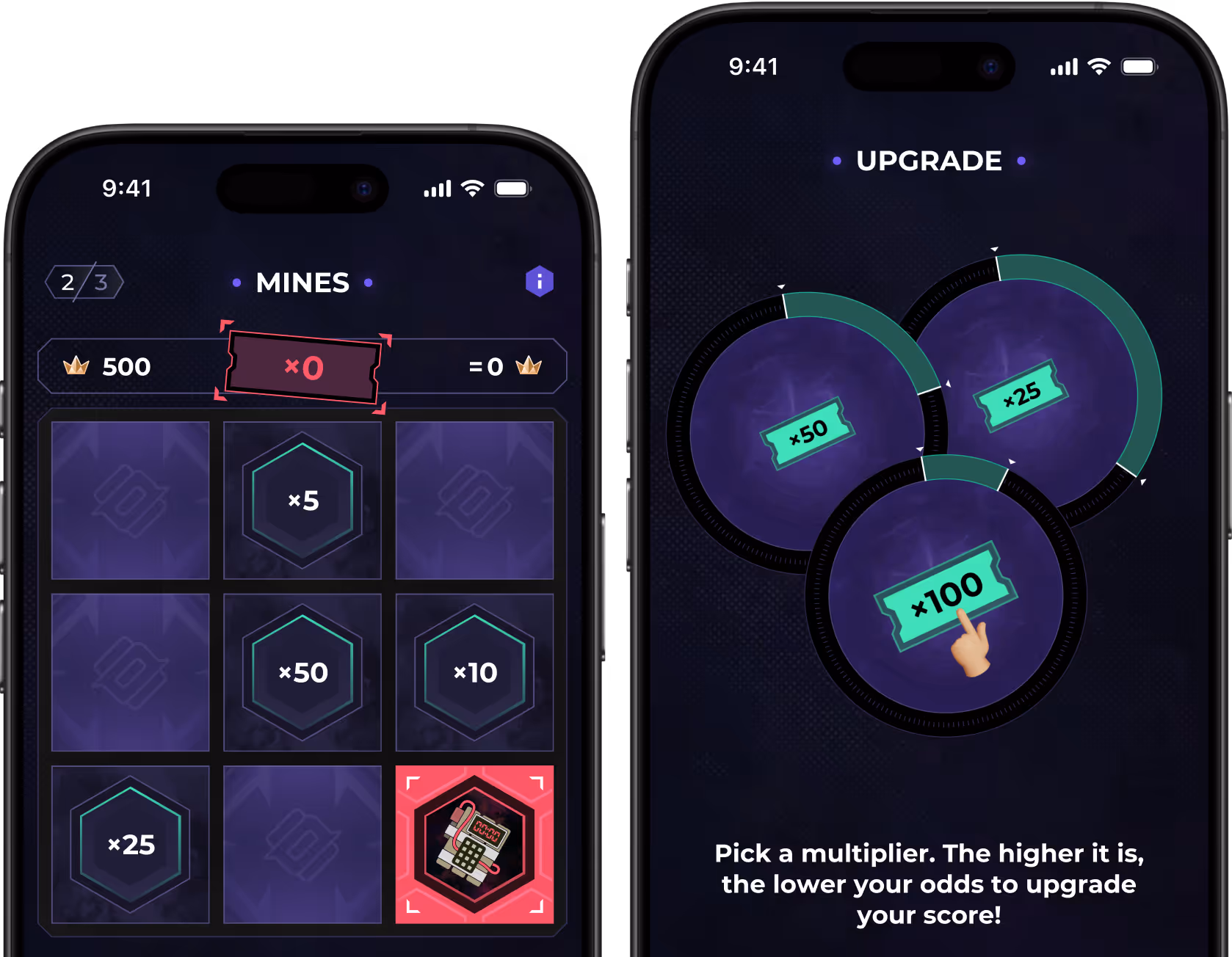 Mobile game screen showing a Mines section with multipliers and a timer tile, alongside an Upgrade screen with circular multipliers of 25, 50, and 100 and instructions about odds and score upgrades.